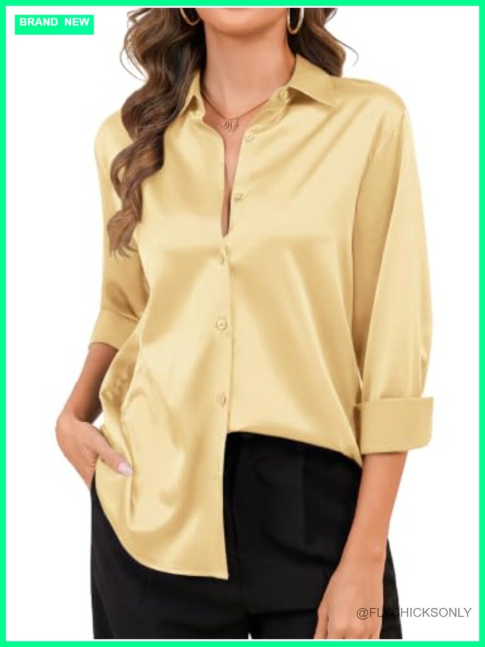Satin Silk Button Down Shirt Long Sleeve V-Neck Blouse